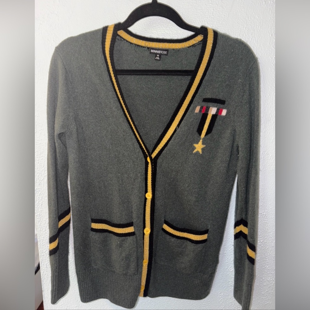 Minnie Rose Green Cashmere Cardigan with Yellow and Black Trim